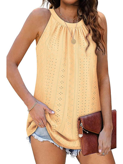 ✨Women Casual Pleated Eyelet Loose Fit High Neck Sleeveless Halter Tank Tops
