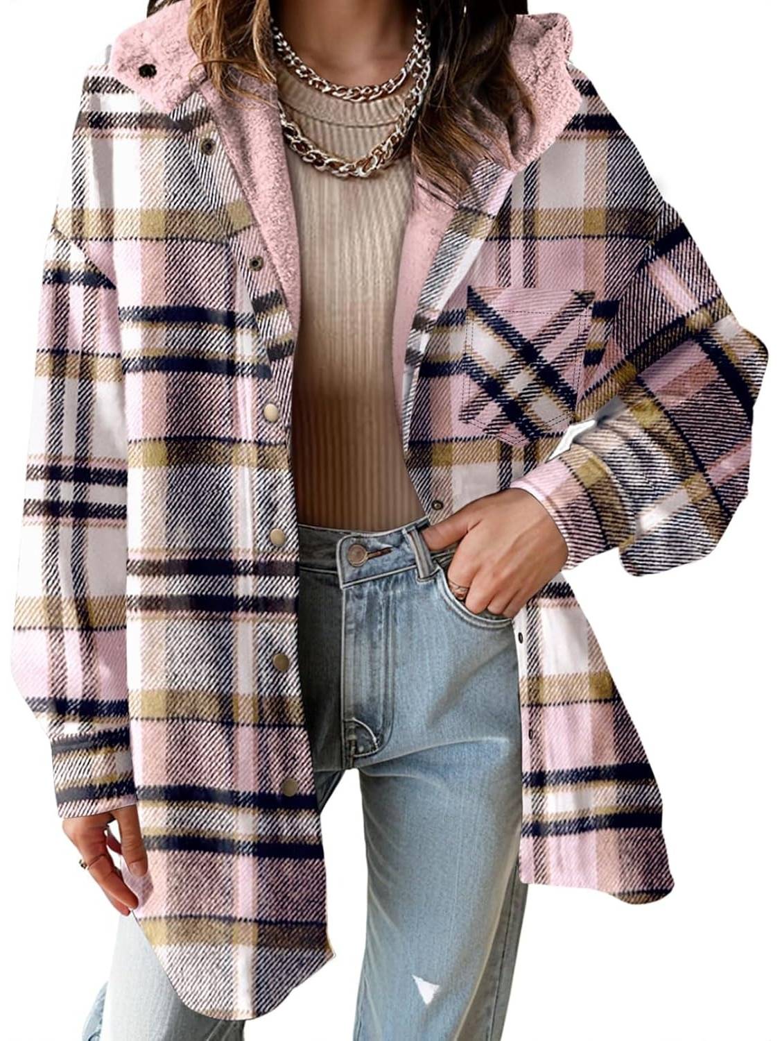 ✨Women's Flannel Hooded Button down Fleece Plaid Shacket