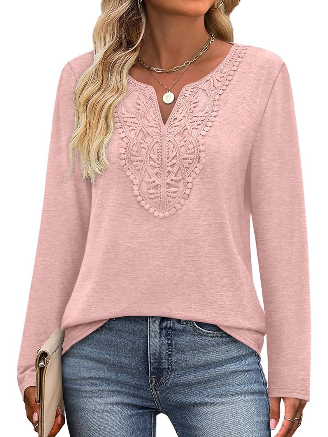 ✨Women Dressy Casual Lace V Neck Long Sleeve Shirts Blouses