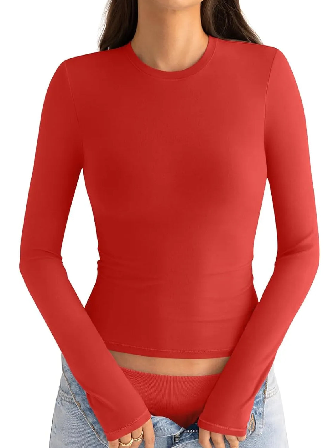 ⏰Hot Sale-Womens Cotton Long Sleeve Shirts Crew Neck Slim Fit Basic Top