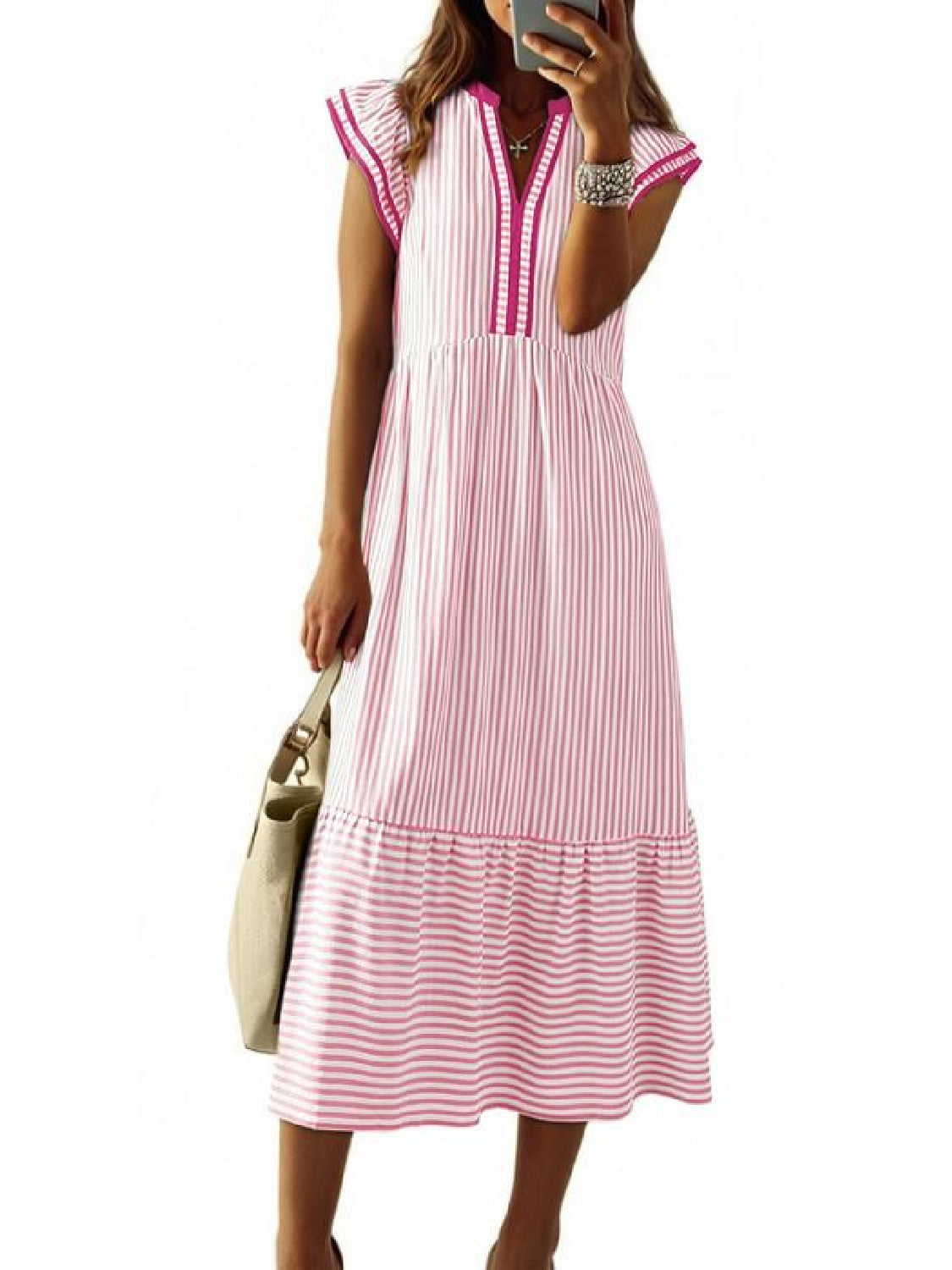 ⏰Hot Sale-Womens V-Neck Ruffle Striped Beach Midi Maxi Dress with Pockets