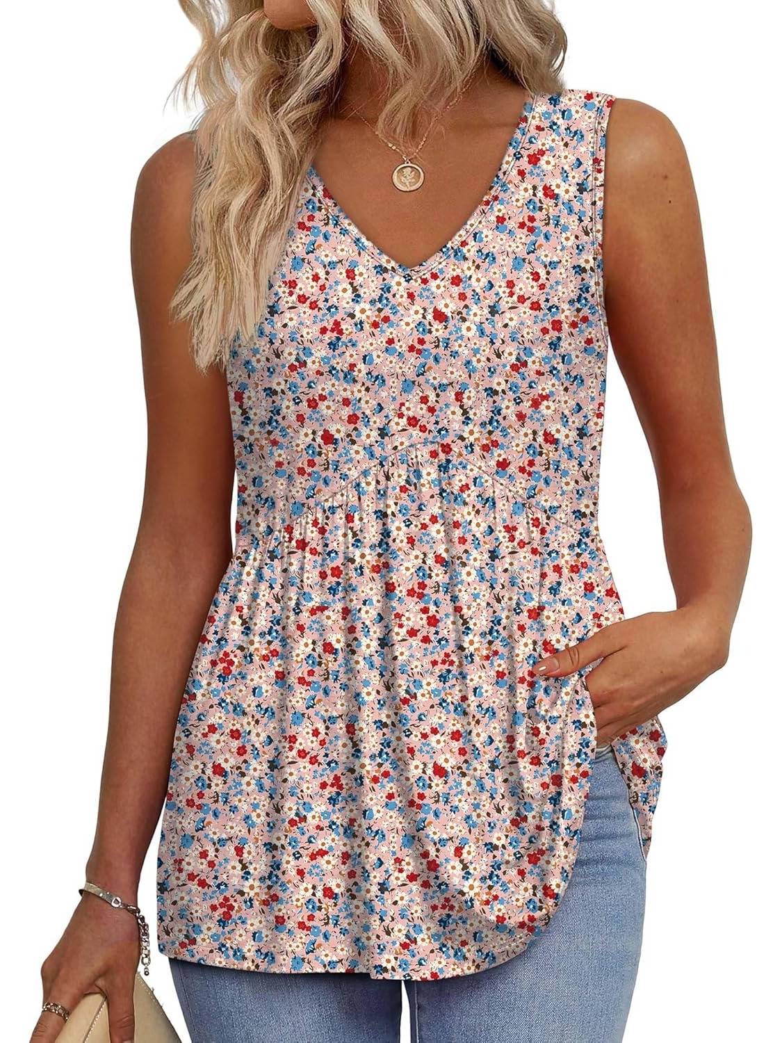 📣Women Dressy Sleeveless V Neck Babydoll Tank Tops