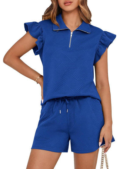 ✨2025 New Women's Zipper V Neck Casual Ruffle Short Sleeve Tops and Drawstring Shorts 2 Piece Outfits