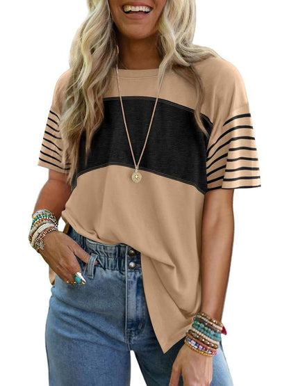✨Womens Oversized Crewneck Casual Color Block Striped Shirts Blouses