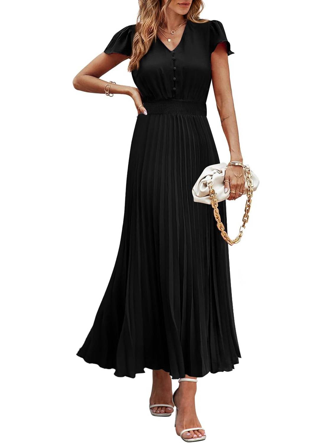 ✨Women's Summer Maxi Dresses Button V Neck Ruffle Cap Sleeve Long Flowy Pleated Dress
