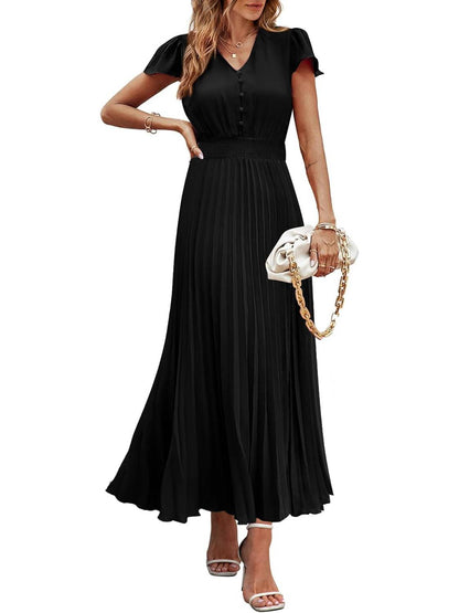 ✨Women's Summer Maxi Dresses Button V Neck Ruffle Cap Sleeve Long Flowy Pleated Dress