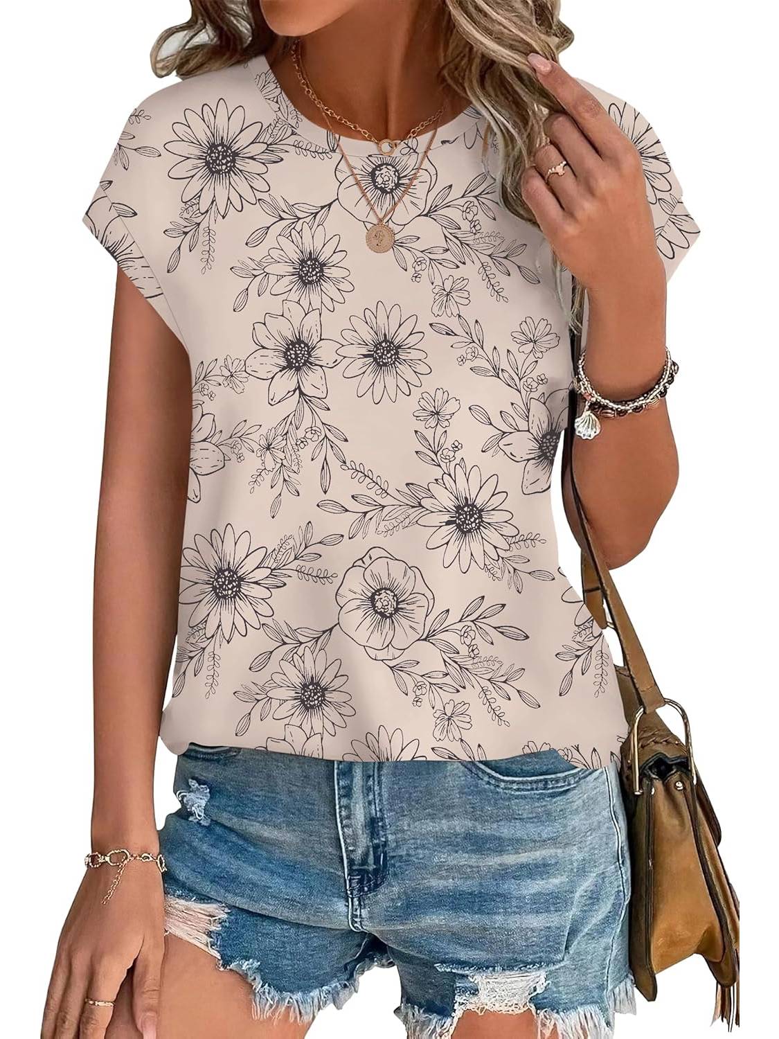 ✨Womens Printing Dressy Casual Cap Sleeve Tops with Curved Hem