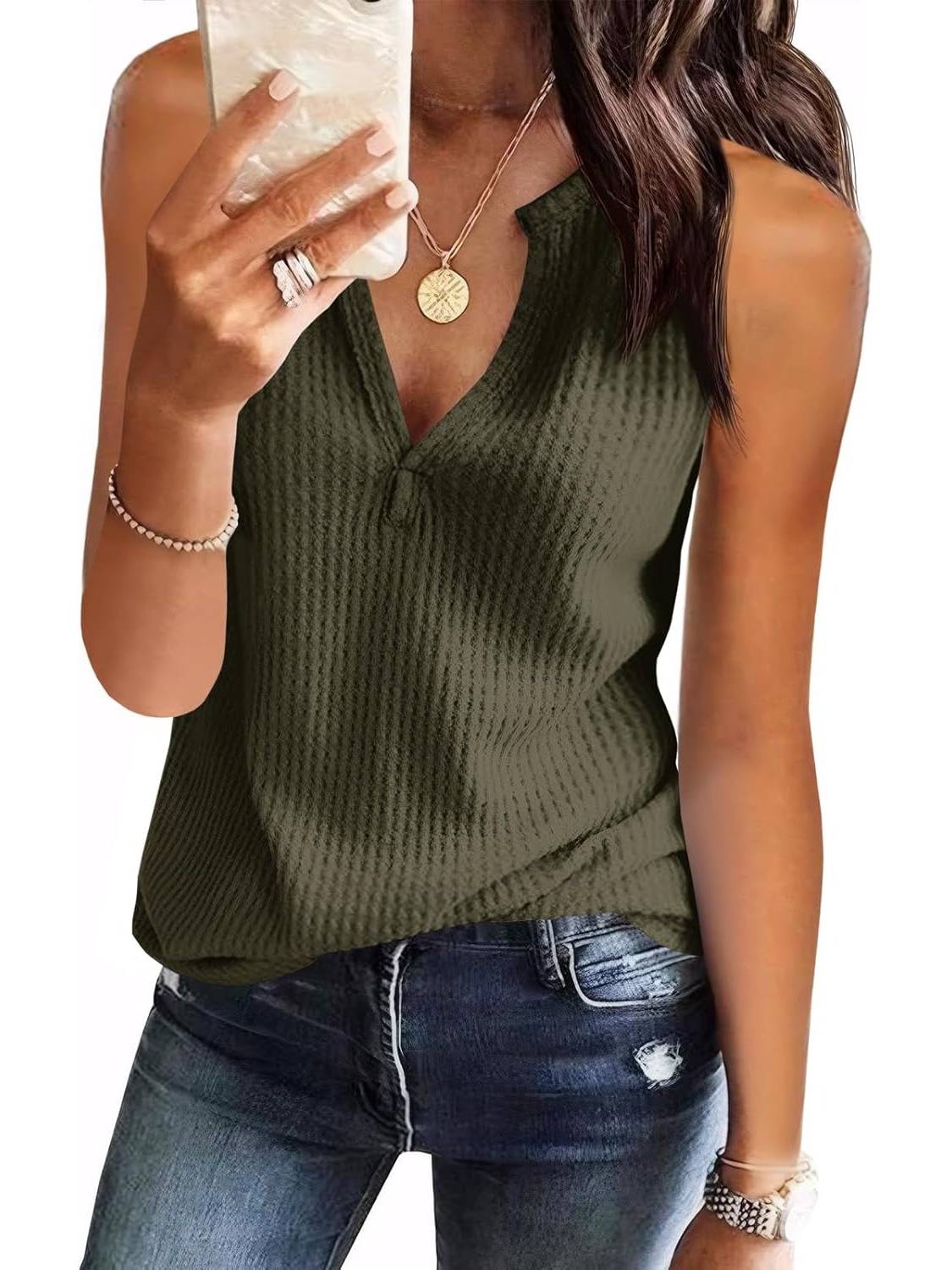 ✨Womens V Neck Waffle Knit Summer Casual Sleeveless Loose Tank Tops