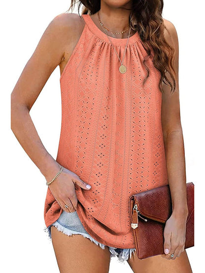 ✨Women Casual Pleated Eyelet Loose Fit High Neck Sleeveless Halter Tank Tops