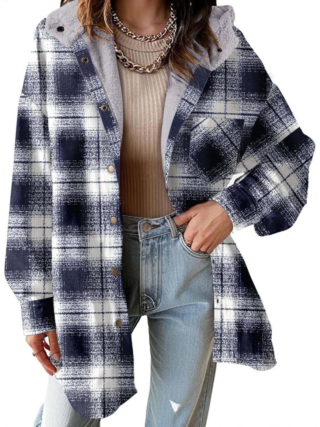 ✨Women's Flannel Hooded Button down Fleece Plaid Shacket