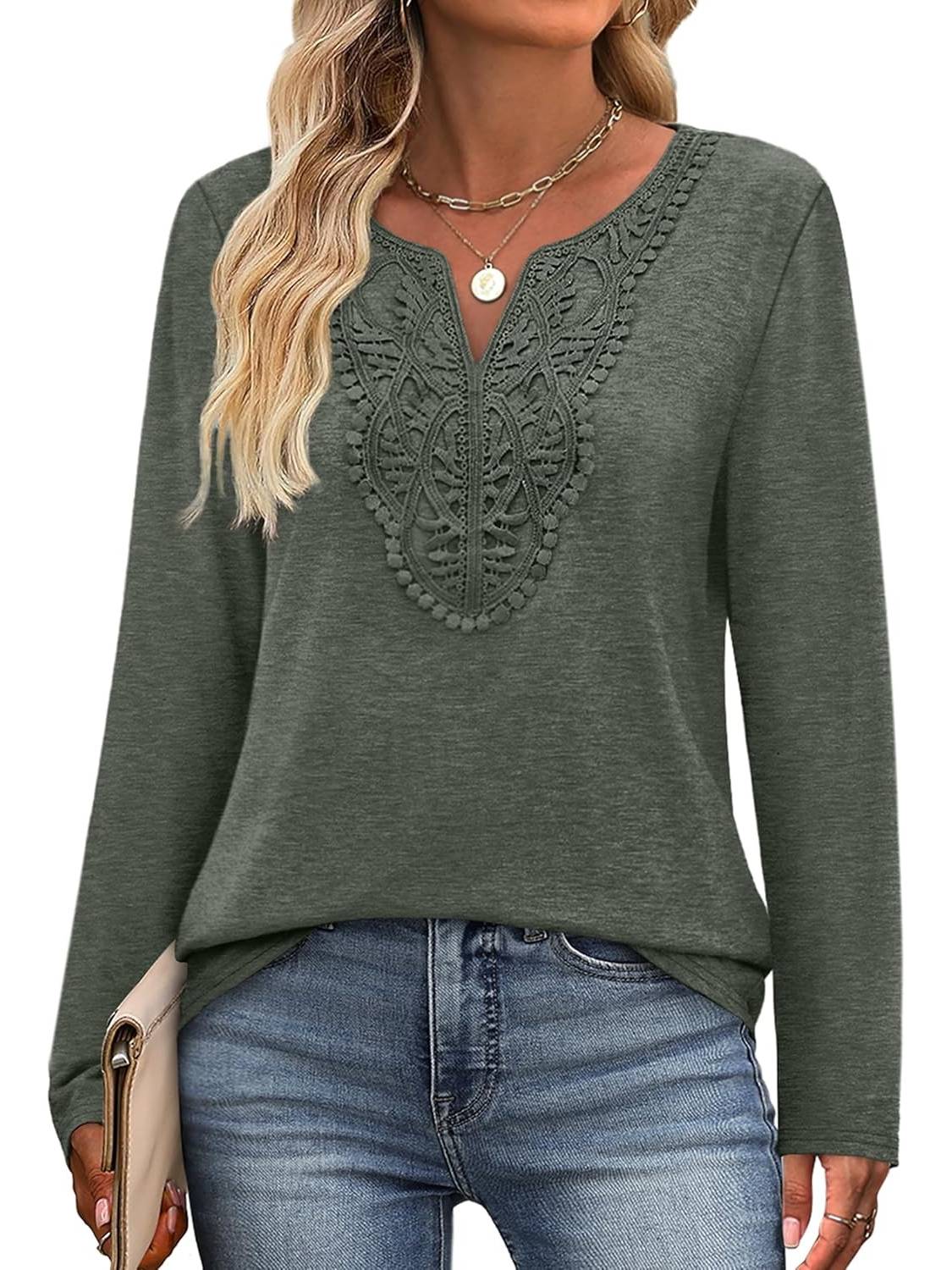 ✨Women Dressy Casual Lace V Neck Long Sleeve Shirts Blouses