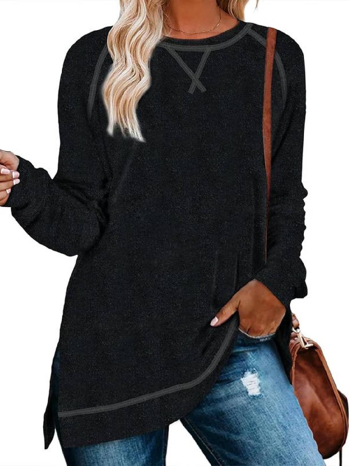 ⏰Hot Sale-Women Fall Side slit Long Sleeve Shirts Tunic Tops