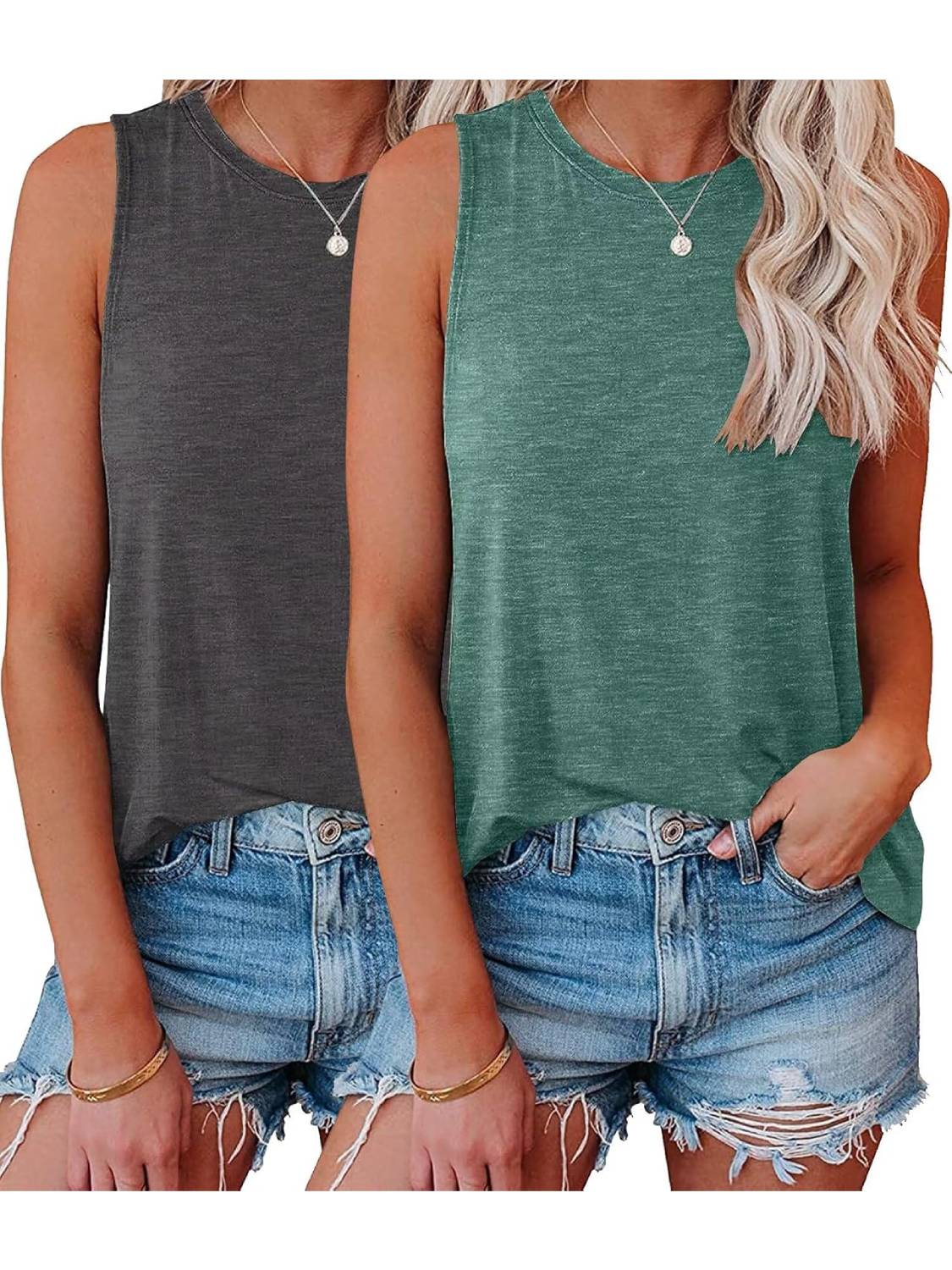 ✨Womens Crew Neck Sleeveless Loose Fit Casual 2 Pack Tank Tops