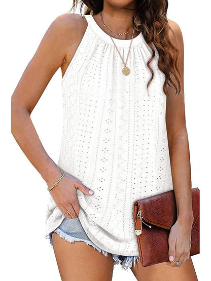 ✨Women Casual Pleated Eyelet Loose Fit High Neck Sleeveless Halter Tank Tops