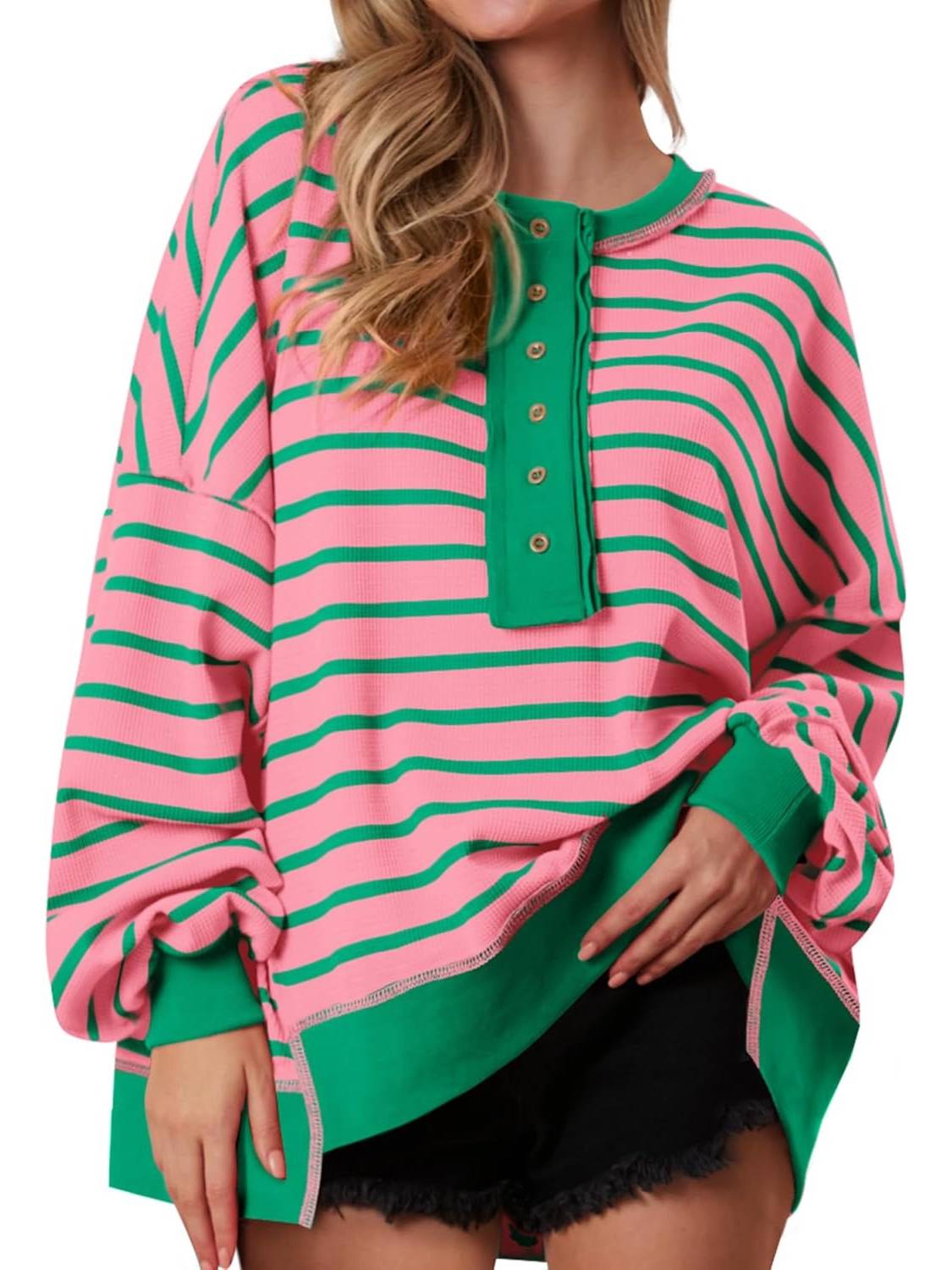 ✨Women's Striped Oversized Button Up Henley Neck Waffle Knit Pullover