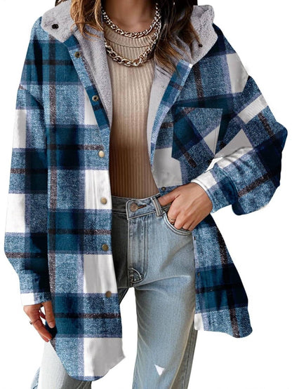 ✨Women's Flannel Hooded Button down Fleece Plaid Shacket