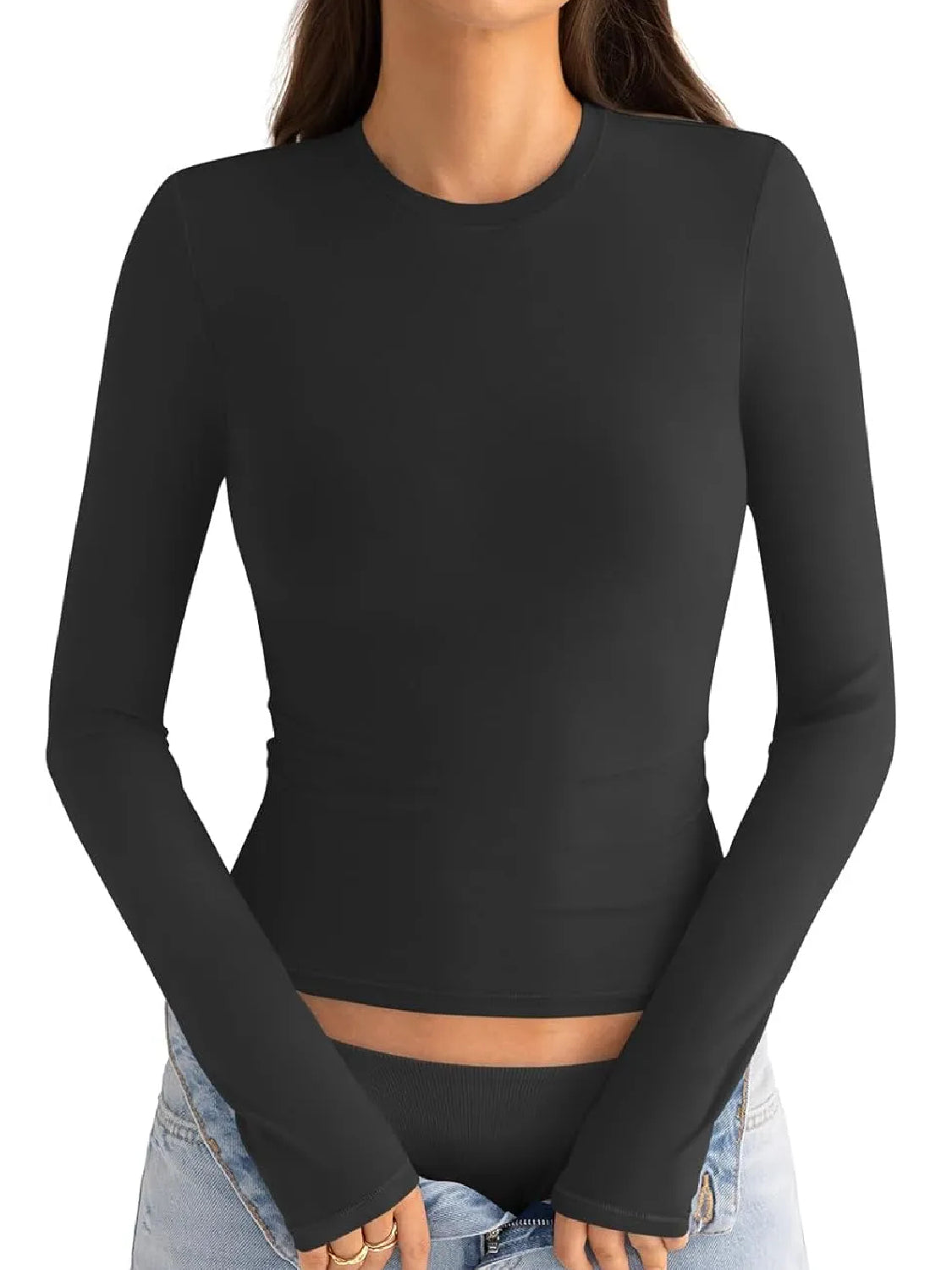 ⏰Hot Sale-Womens Cotton Long Sleeve Shirts Crew Neck Slim Fit Basic Top