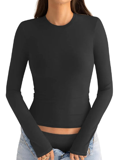 ⏰Hot Sale-Womens Cotton Long Sleeve Shirts Crew Neck Slim Fit Basic Top