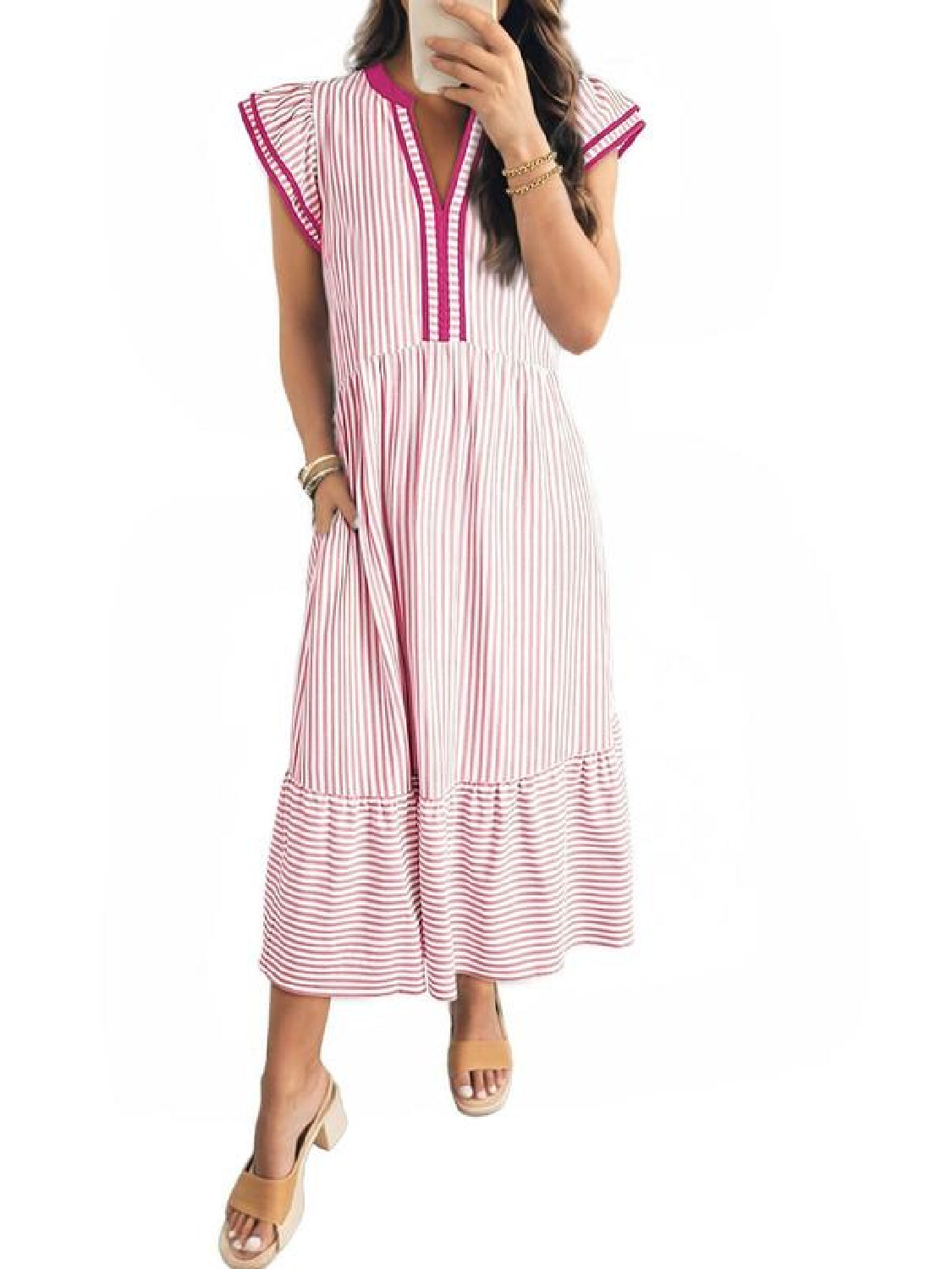 ⏰Hot Sale-Womens V-Neck Ruffle Striped Beach Midi Maxi Dress with Pockets
