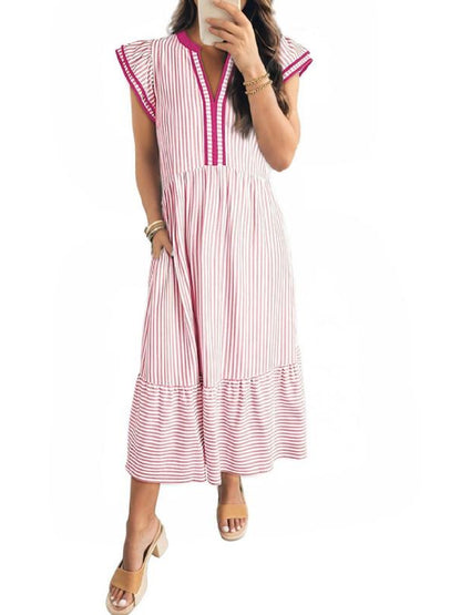 ⏰Hot Sale-Womens V-Neck Ruffle Striped Beach Midi Maxi Dress with Pockets