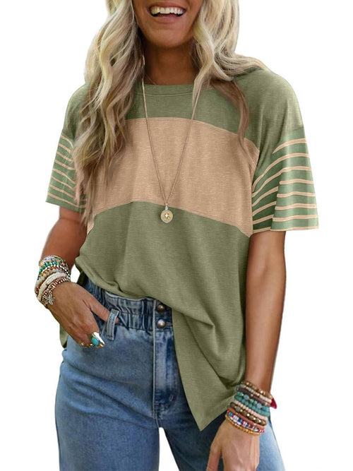 ✨Womens Oversized Crewneck Casual Color Block Striped Shirts Blouses