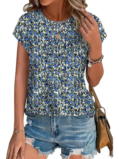 ✨Womens Printing Dressy Casual Cap Sleeve Tops with Curved Hem
