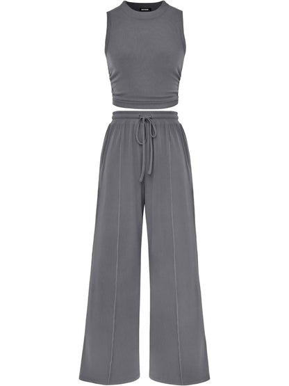 Women Crew Neck Sleeveless Cropped Top Elastic Waist Wide Leg Pants 2 Piece Set