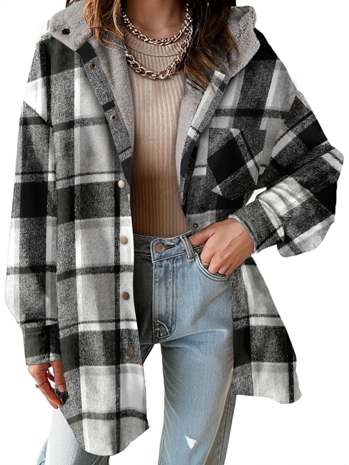 ✨Women's Flannel Hooded Button down Fleece Plaid Shacket