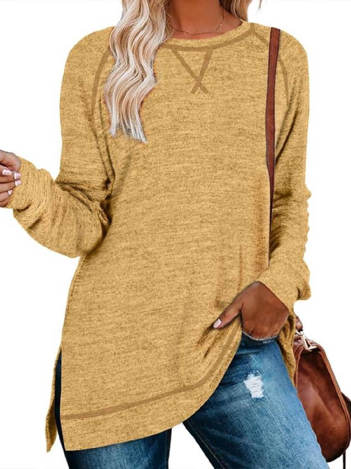 ⏰Hot Sale-Women Fall Side slit Long Sleeve Shirts Tunic Tops