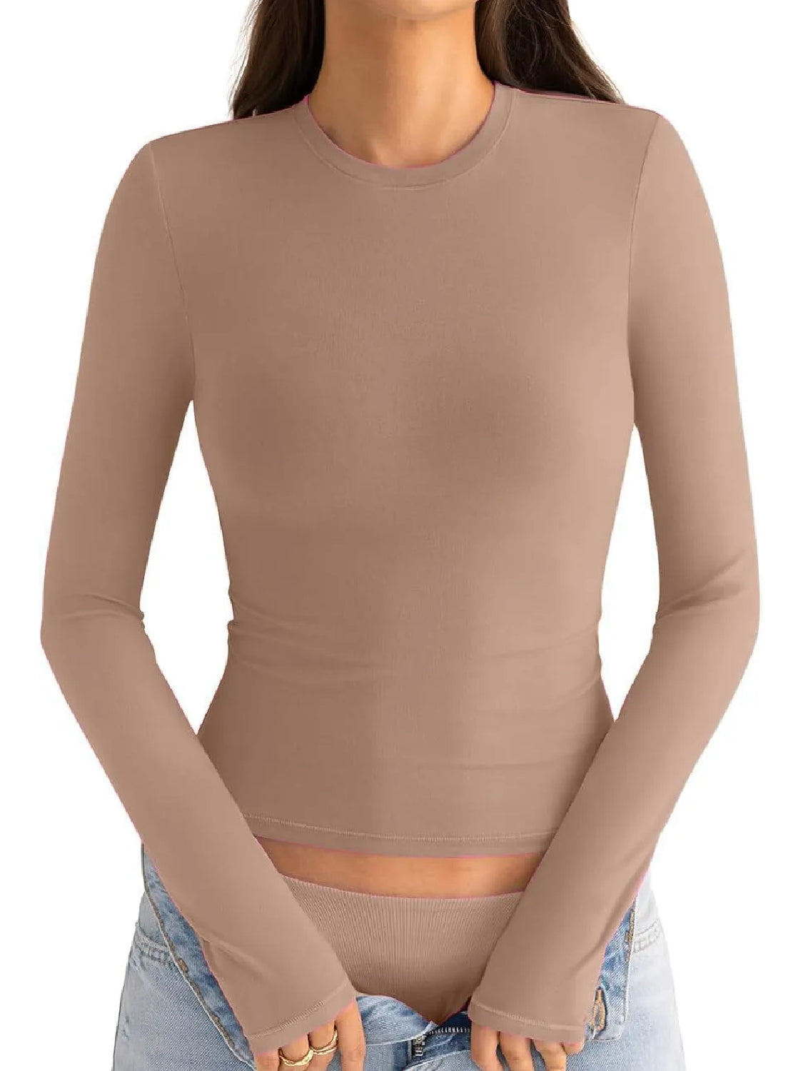 ⏰Hot Sale-Womens Cotton Long Sleeve Shirts Crew Neck Slim Fit Basic Top