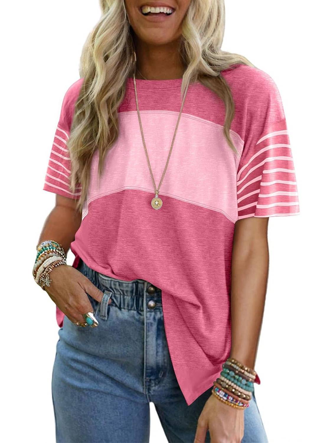 ✨Womens Oversized Crewneck Casual Color Block Striped Shirts Blouses