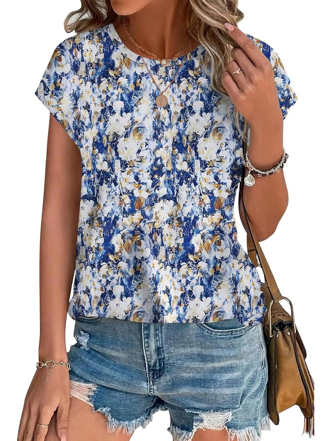✨Womens Printing Dressy Casual Cap Sleeve Tops with Curved Hem