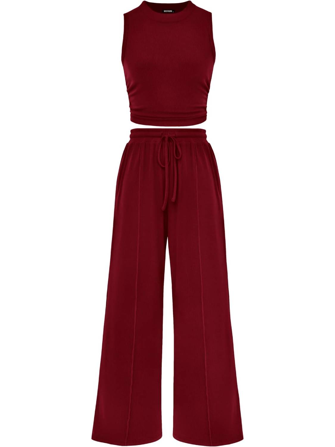 Women Crew Neck Sleeveless Cropped Top Elastic Waist Wide Leg Pants 2 Piece Set