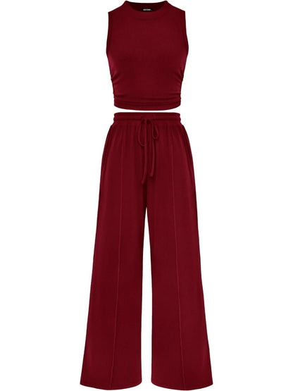 Women Crew Neck Sleeveless Cropped Top Elastic Waist Wide Leg Pants 2 Piece Set