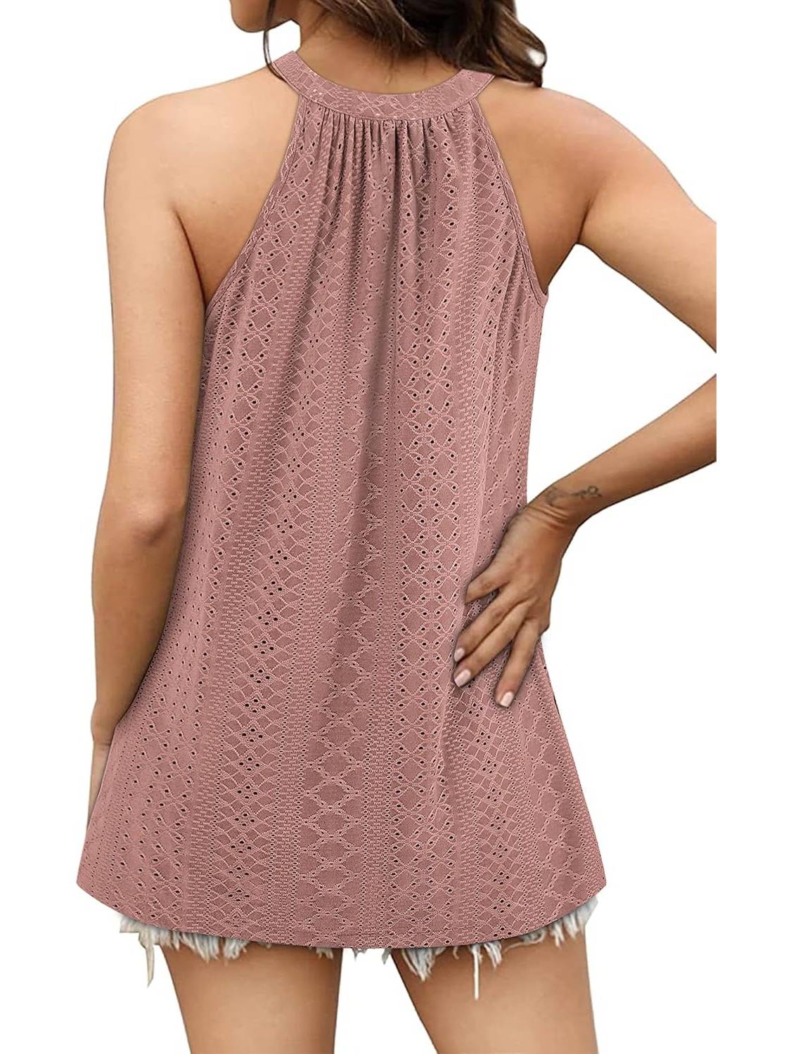 ✨Women Casual Pleated Eyelet Loose Fit High Neck Sleeveless Halter Tank Tops