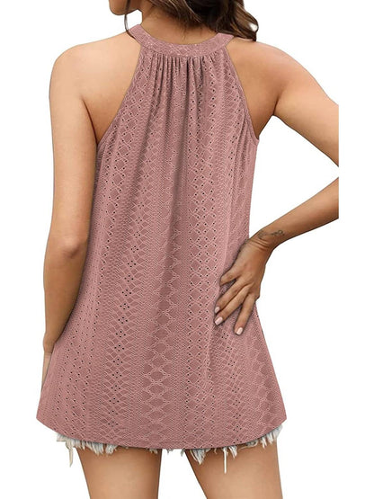 ✨Women Casual Pleated Eyelet Loose Fit High Neck Sleeveless Halter Tank Tops