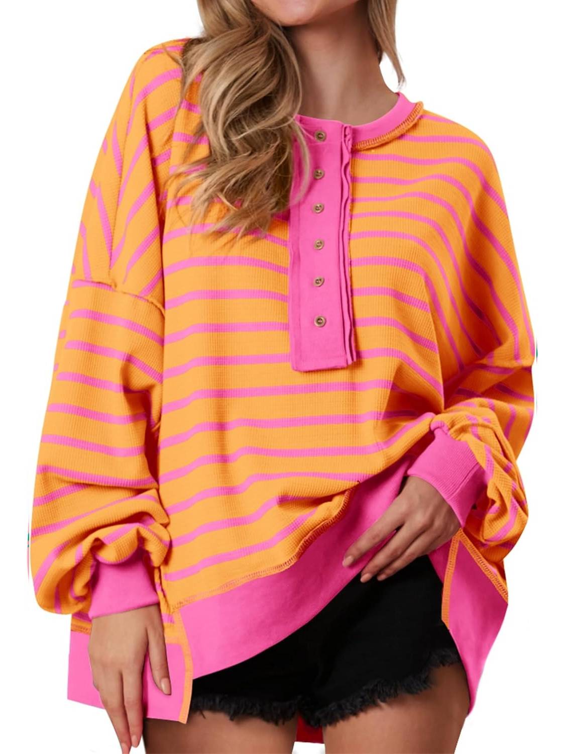 ✨Women's Striped Oversized Button Up Henley Neck Waffle Knit Pullover