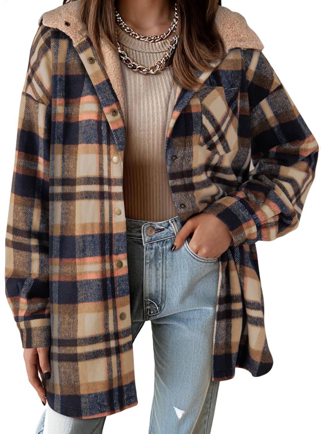 ✨Women's Flannel Hooded Button down Fleece Plaid Shacket