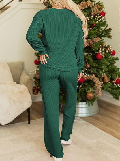 ✨Womens JOLLY Graphic Christmas Ribbed Long Sleeve Top & Pants 2 Piece Set