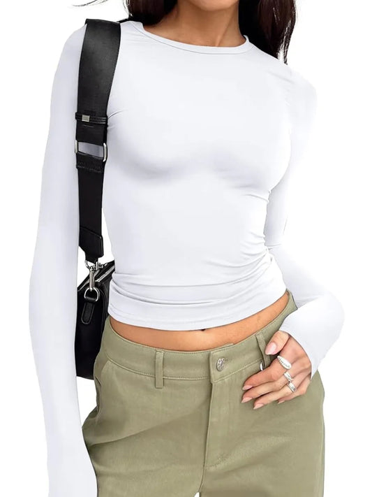 ⏰Hot Sale-Womens Cotton Long Sleeve Shirts Crew Neck Slim Fit Basic Top