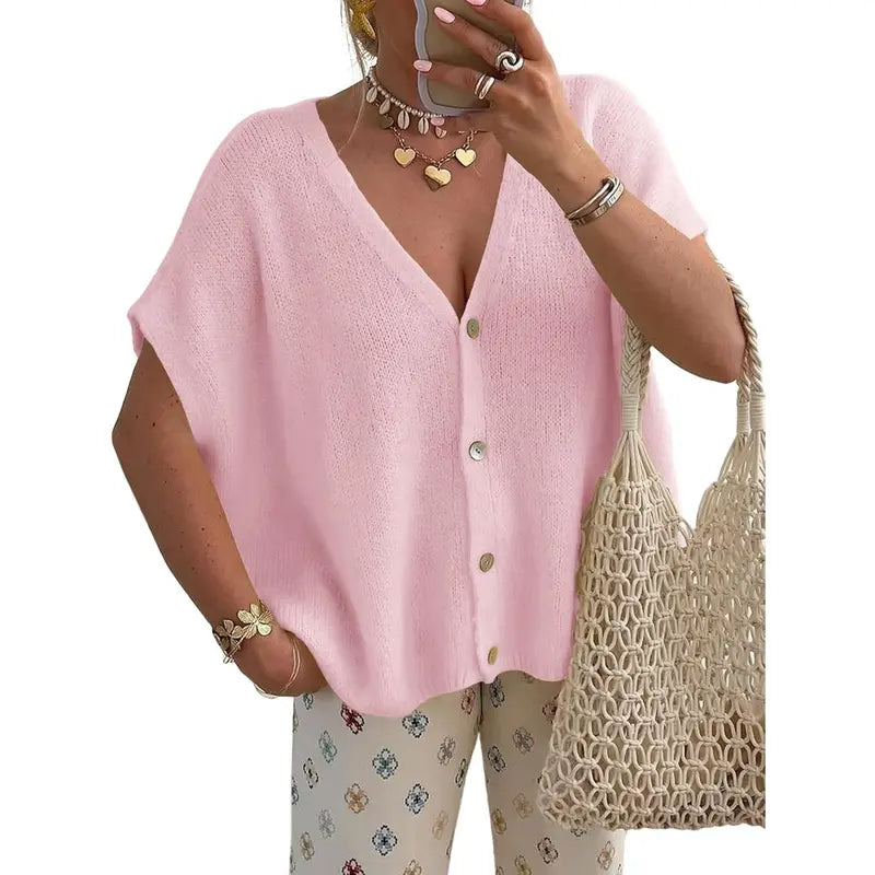 Women's Loose-fitting Knit Cardigan - Batwing Short Sleeves, Lightweight Button-down V-neck