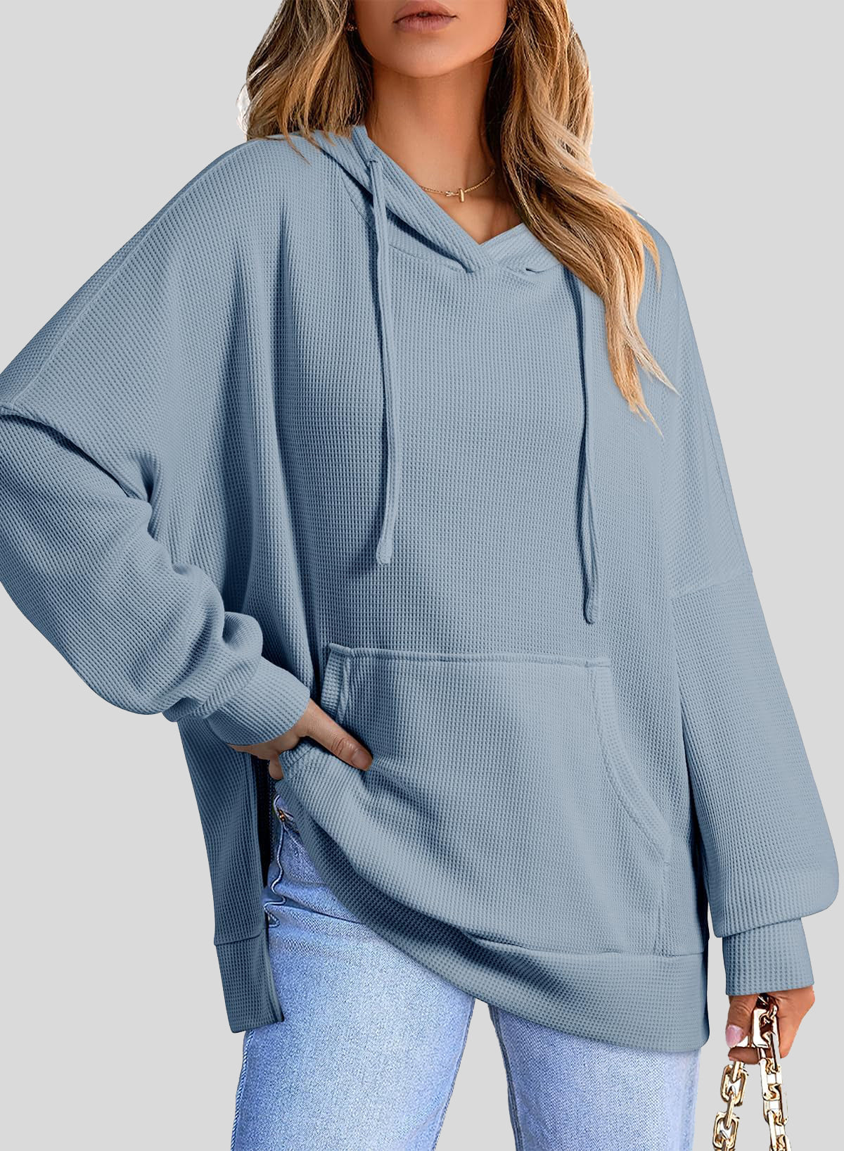 ✨Oversized Hoodies for Women Waffle Knit Drawstring Side Slit Pullover Sweatshirts with Pocket (Final Days: Big Savings!!!)