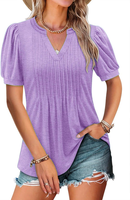 ✨Women's V-neck Loose Pleated Short-sleeved Waist Top