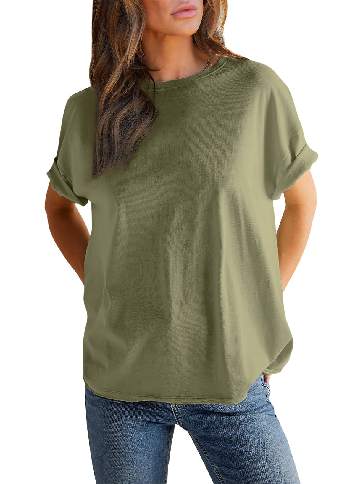 Women’s Round neck solid color short sleeve back spliced T-shirt cotton tee