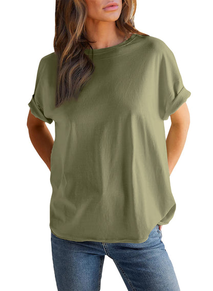 Women’s Round neck solid color short sleeve back spliced T-shirt cotton tee