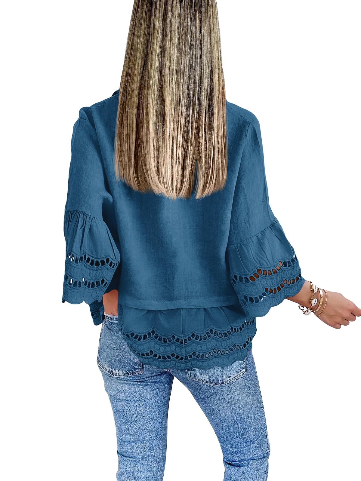Women‘s Chic Ruffle Hem Blouse with Hollow Out Design