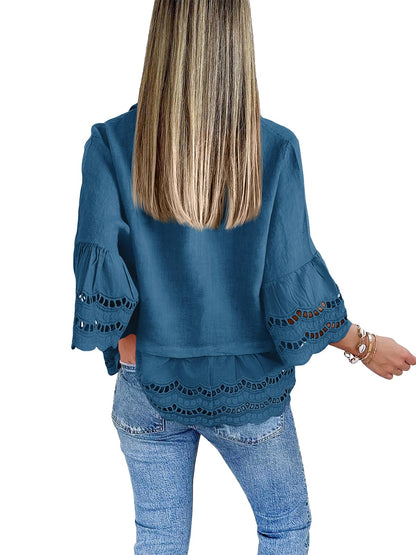 Women‘s Chic Ruffle Hem Blouse with Hollow Out Design