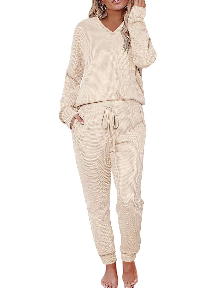 ✨V Neck Waffle Knit Sleepwear Top and Pant Lounge Sets