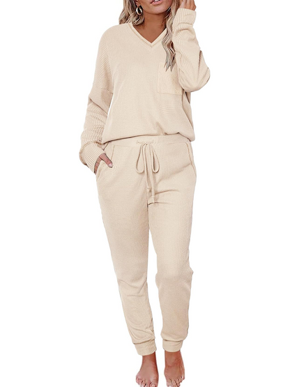 ✨V Neck Waffle Knit Sleepwear Top and Pant Lounge Sets