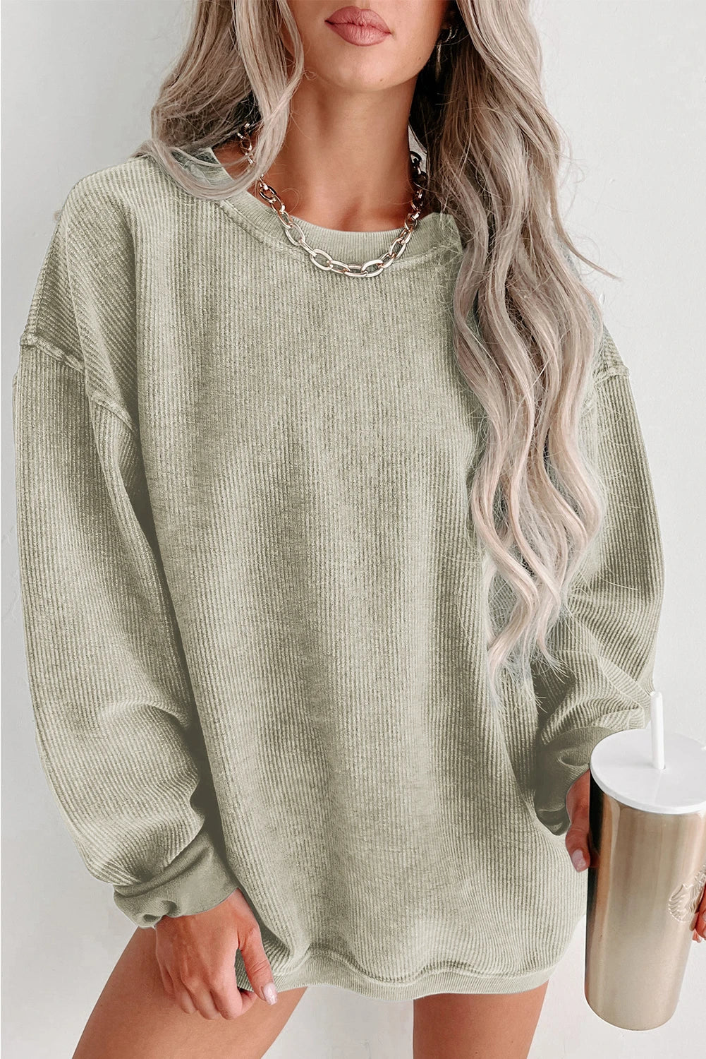 ✨ Women's Solid Color Ribbed Knit Round Neck Pullover Sweatshirt